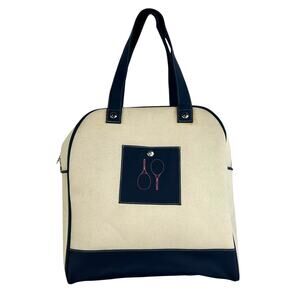 Henry Brown Cream Canvas Navy Double Handle Tennis / Pickleball Bag with Holder